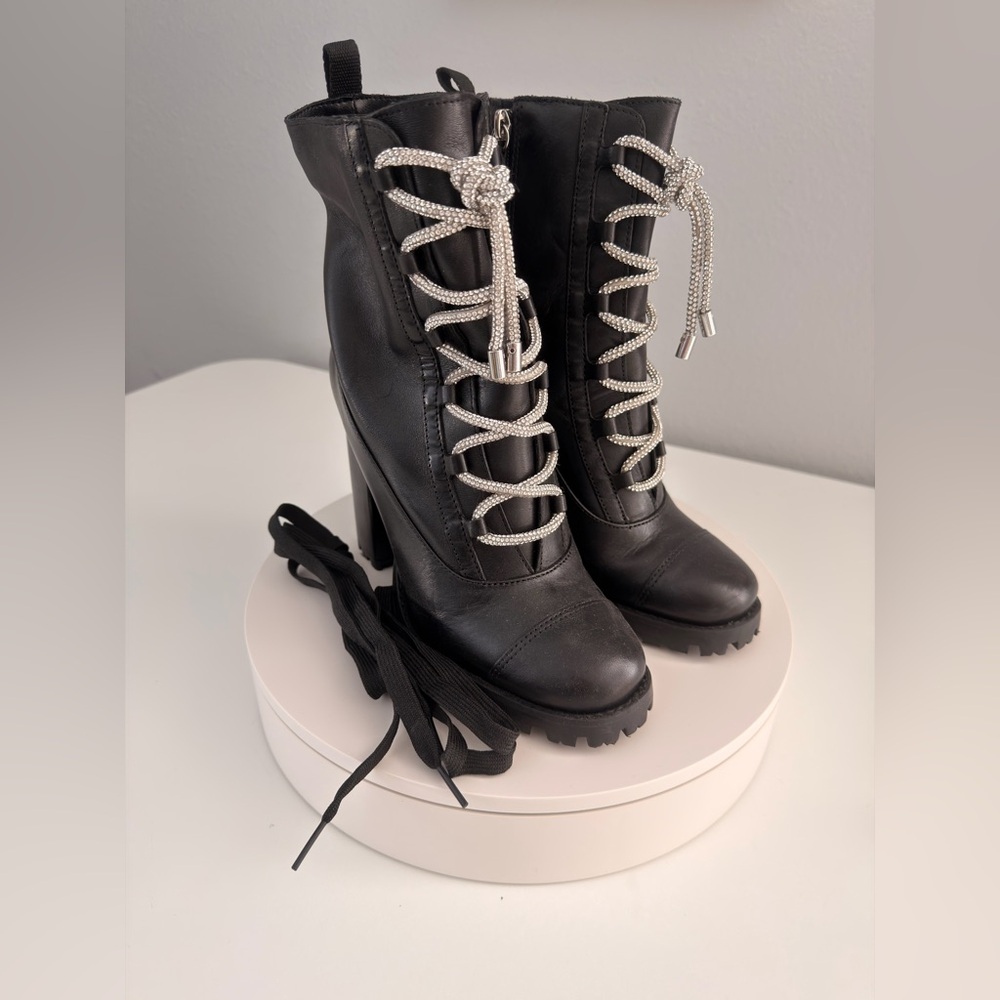 SCHUTZ Boots Kaile High Glam Lace Up Black Leather Mid Calf Boots 8.5